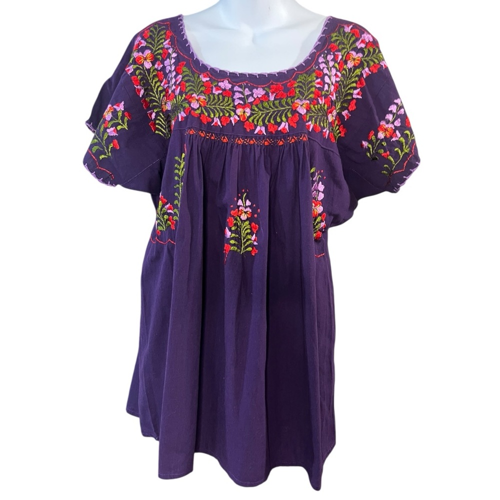 Handmade Purple Pleated Colourful Floral Embroidered Cotton Top